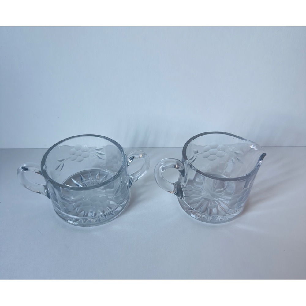 Vintage Clear Etched Glass Cream and Sugar Set Frosted Grape Starburst Base